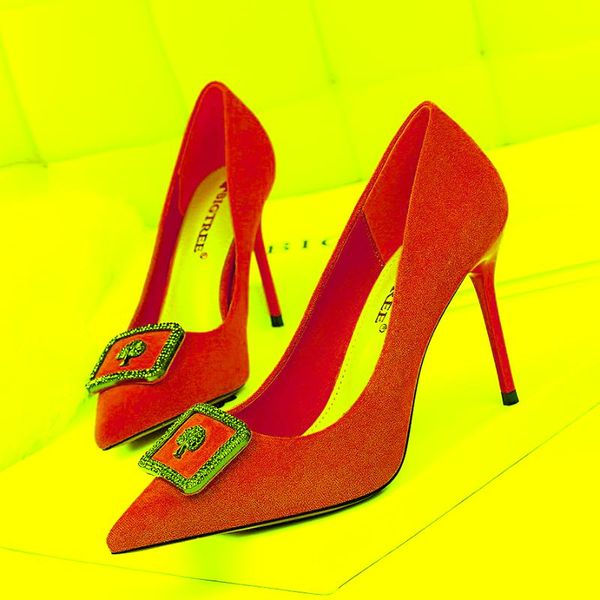 

women pumps elegant rhinestone suede high heels shoes crystal metal square buckle party wedding dress, Black