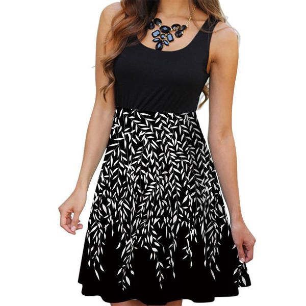 

casual dresses summer sleeveless black dress women's leaves print patchwork a-line round-neck ladies 3d mini, Black;gray