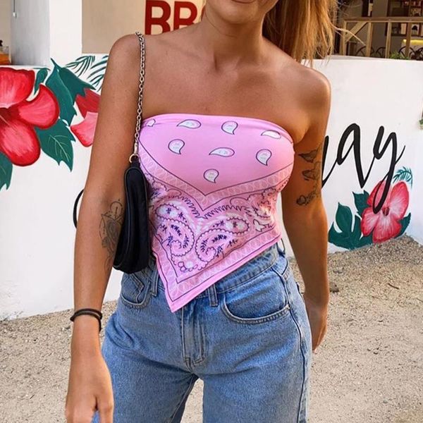

women's tanks & camis vintage e-girl printing cropped bandana summer fashion strapless bandage backless crop 90s sleeveless tank, White