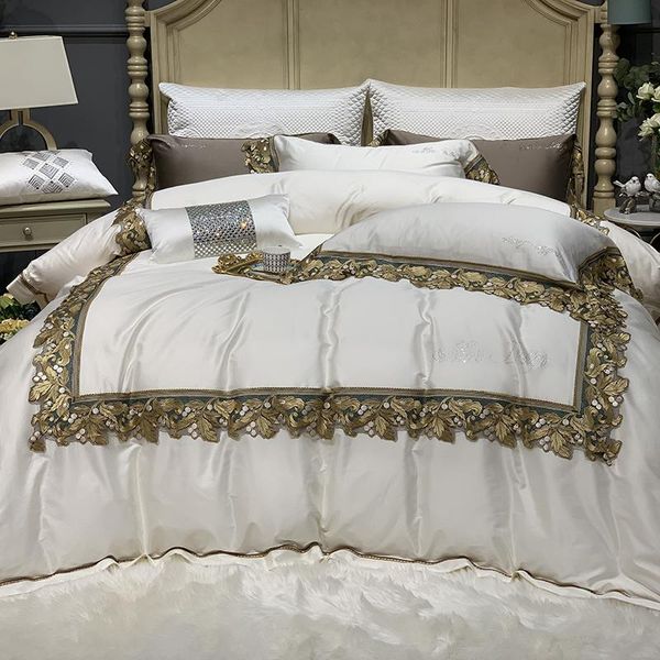 

bedding sets luxury white blue 100s egyptian cotton gold lace embroidery duvet cover bed linen fitted sheet pillowcases set 4/7pcs