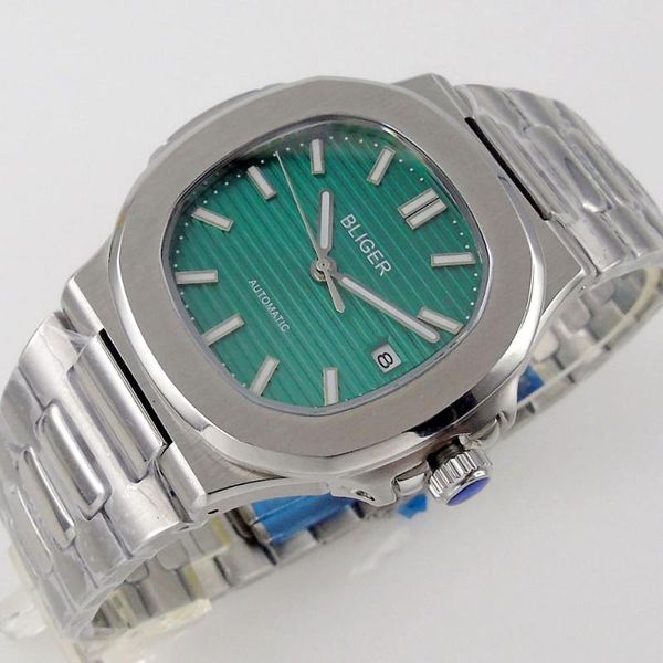 

wristwatches bliger brand dress square automatic men watch 21 jewels miyota 8215 turquoise green dial sapphire glass date luminous index, Slivery;brown