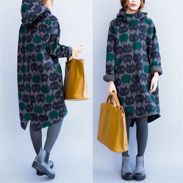 

women's hoodies & sweatshirts loose plus size hoodie women vintage cartoon printed sweatshirt dress winter thick warm oversized casual, Black