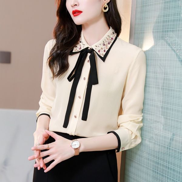 

summer fashion long sleeve crepe de chine silk bow shirts elegant diamonds colorful buttons shirt office lady blouses 210416, White