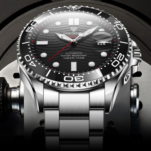 

wristwatches watch men 2021 sport mens mechanical watches lige automatic 100 waterproof date clock man diving wristwatch, Slivery;brown