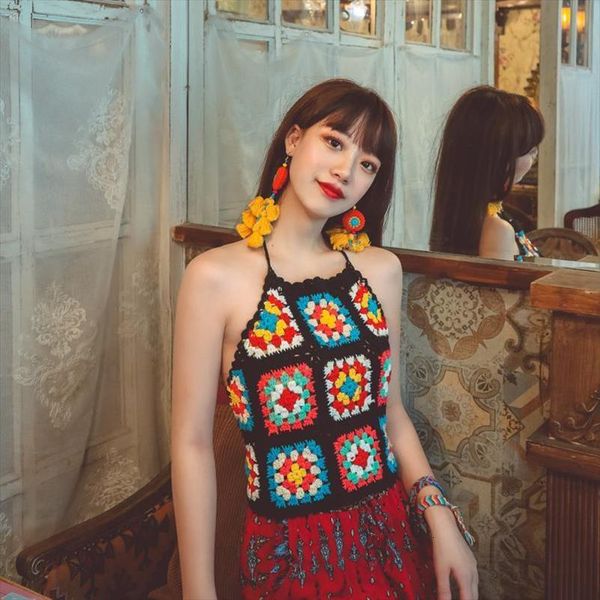 

scene shooting national homemade bohemia womens tanks wind pure manual hook is colored woven neck hung a bikini vest, White