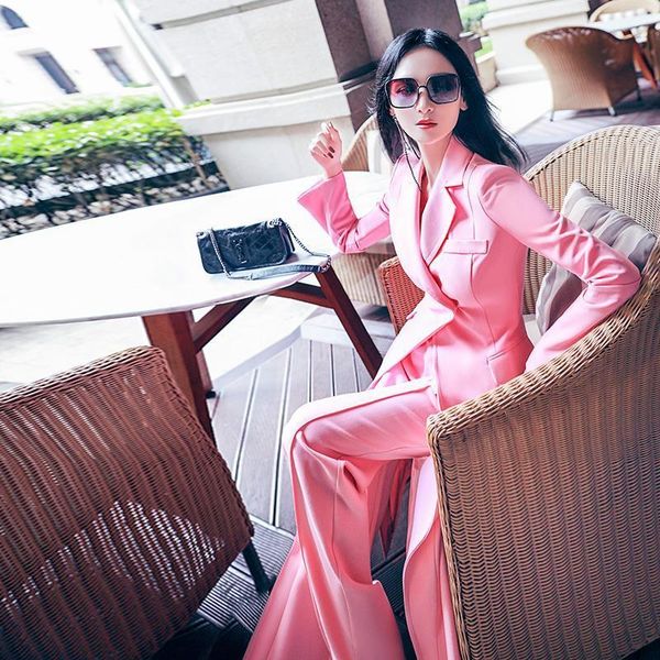 

women's two piece pants 2021 women two-piece set pink vintage office lady single button long-sleeved blazer female high waist long suit, White