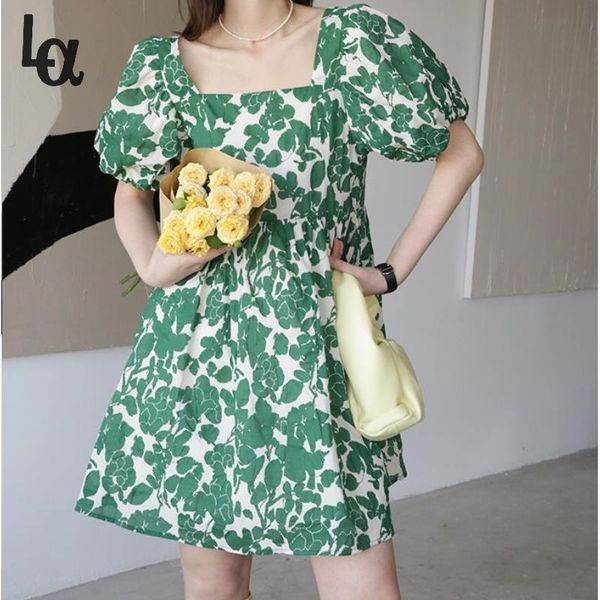 

green vintage boho dresses women elegant kawaii short sleeve sweet floral casual loose party dress summer 210519, Black;gray