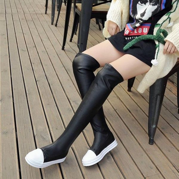 

boots over-the-knee 2021 cute shoes women leather elastic flat casual leisure student knee high rubber pu, Black
