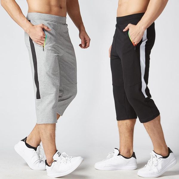 

running pants men 3 4 sport loose basketball gym trousers bodybuilding jogging fitness football soccer sweatpants pockets zipper, Black;blue