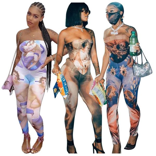 

women's two piece pants autumn chest-wrapped mid-waist jumpsuit temperament commuter printed nightclub clothes, White