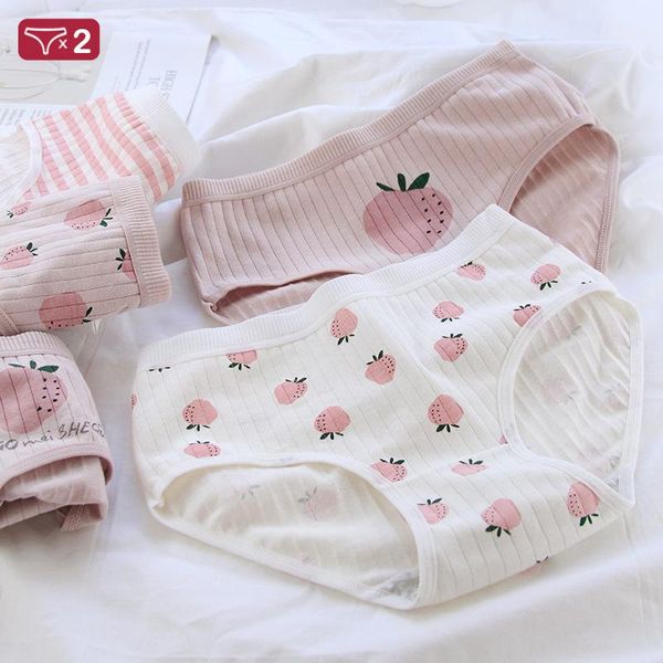 

women's panties 2pcs plaid strawberry breathable cotton cute sweet girl briefs sheath crotch mid-waist 671, Black;pink