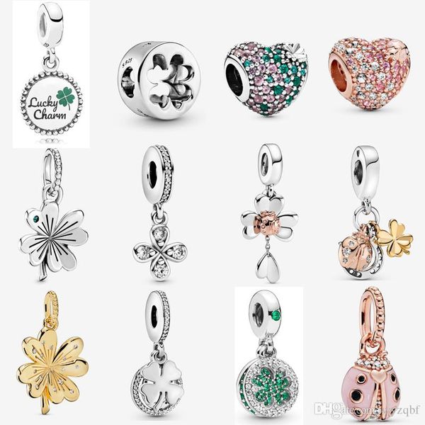 

925 sterling silver luck & courage four-leaf clover dangle charm pink ladybird pendant fit pandora lucky bracelet diy jewelry birthday weddi, Black