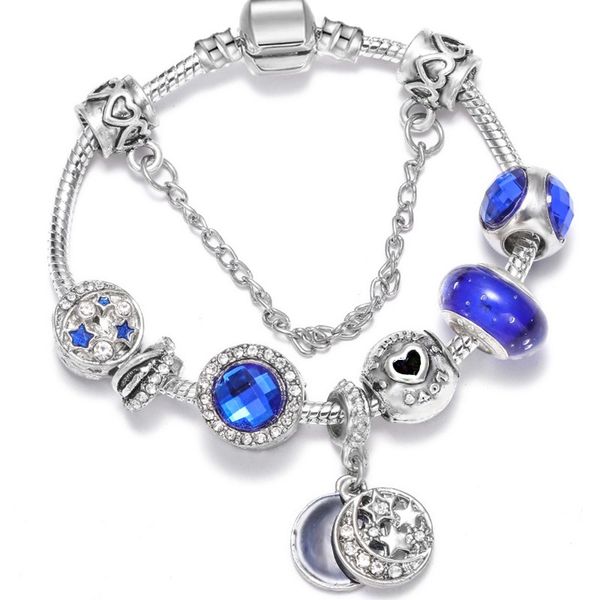 

16-21cm new charm bracelet 925 silver fit pandora european bracelets moon & stars enamel pendant petal bead rainbow charm bead accessories d, Black