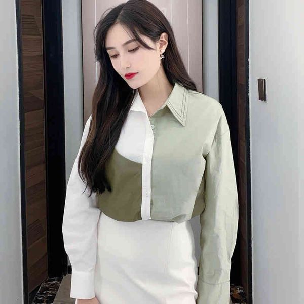 

women's blouses & shirts [ewq] blouse lapel breasted patchwork autumn plicing leather oversized women long sleeve asymmetrical ladies, White