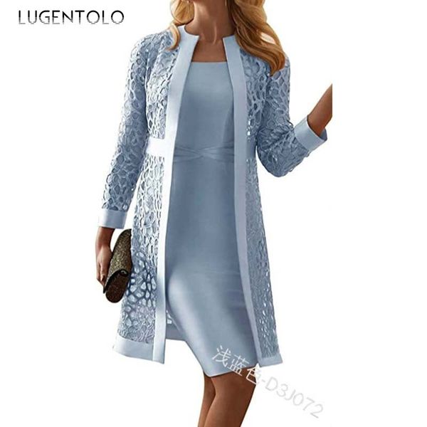 

casual dresses lugentolo elegant women's slim autumn solid color lace cardigan two-piece bodycon temperament lady simple midi 1i1d, Black;gray