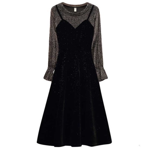 

casual dresses plus size summer elegant bbright silk mesh mock two-piece women robe femme party zle2, Black;gray