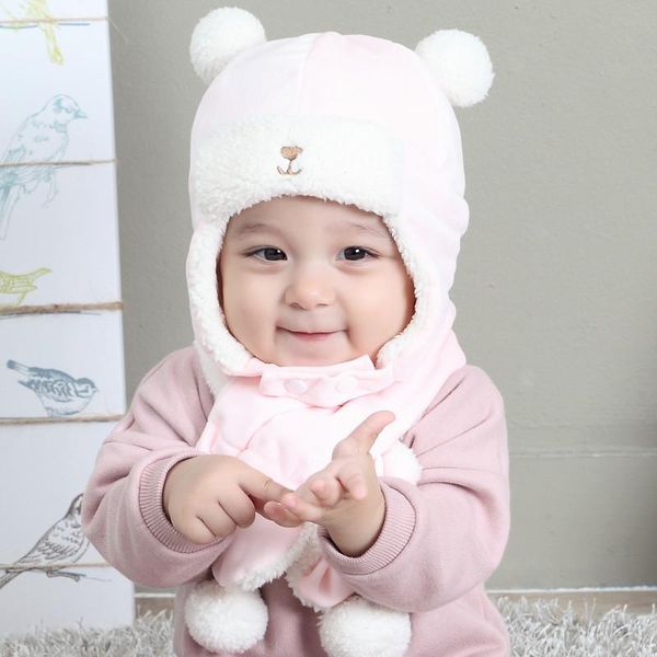 

caps & hats winter baby warm thicken windproof ear protection hat scarf 2pcs for kids girls boys little bear plush cute infant cap, Yellow