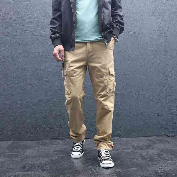 

autumn and winter outdoor casual loose straight tube pure cotton multi pocket overalls men's elastic large pants, Black