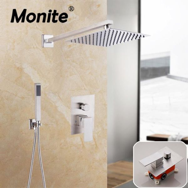 

monite brushed nickel shower set 10 inch ultra-thin head wall mounted bathroom rainfall faucet & hand sets