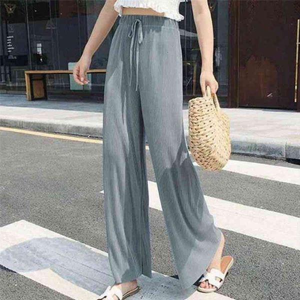 

womens summer silk wide leg pants big yards loose pant fashion culottes elastic waist ankle-length pants casual pleated, Black;white