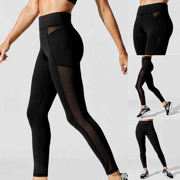 

women side mesh sweatpants high-waist stretch slim sports yoga leggings see-through running fitness gym long pants trousers