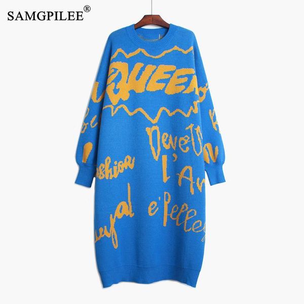 

casual dresses samgpilee women printed big size long knitting dress round neck sleeve loose fit fashion tide autumn winter 2021, Black;gray