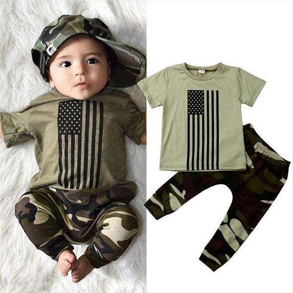 

2pcs set 0 3years summer clothing toddler infant boys sets t shirt camou printed long pants fashion outfits, White