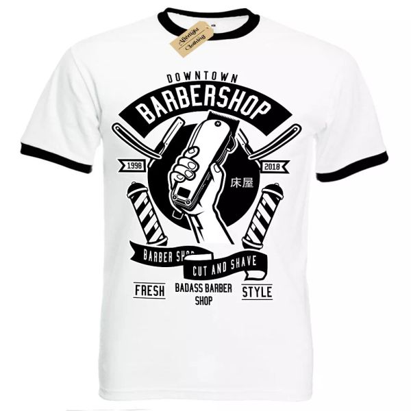 

down town barber t shirt tee mens ringer, White;black