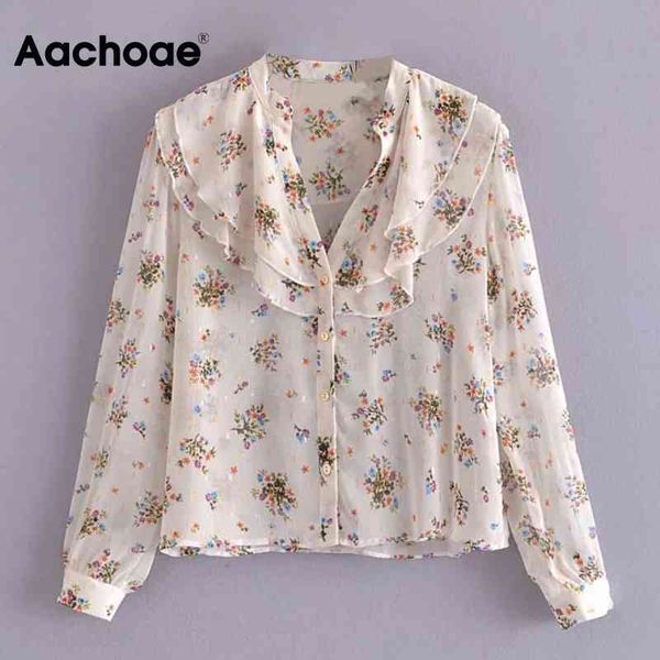 

aachoae women floral printed vintage ruffles shirt long sleeve transparent chiffon blouse ladies v neck elegant tunic 210413, White