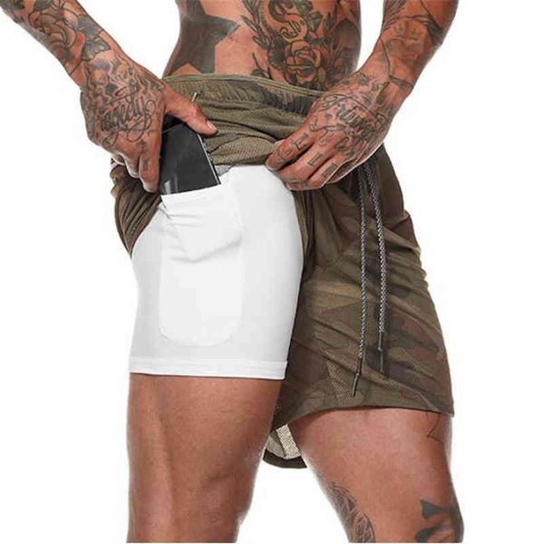 Camouflage Herren Fitness Shorts Herren 2 in 1 Fitnessstudios Männlich Doppeldecker Schnelltrocknung Sicherheitstasche Jogging Herren 210421