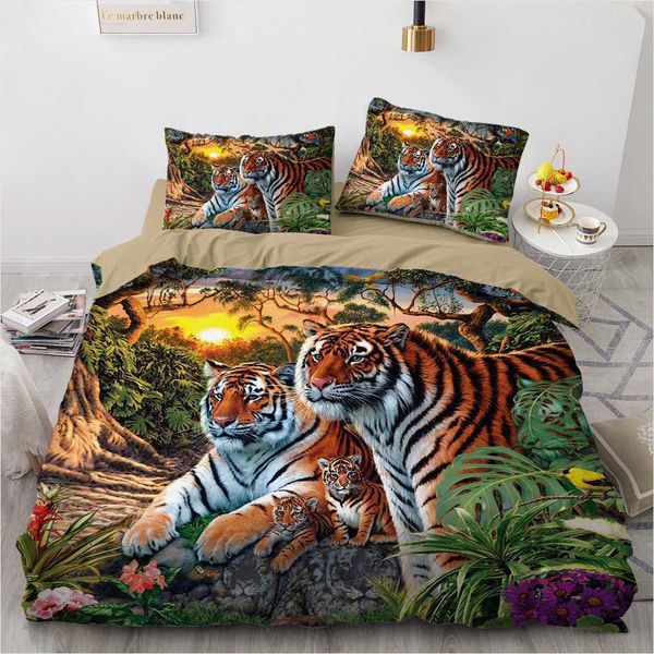 3D-Bettwäsche-Sets, schwarze Bettdecke, Bettbezug-Set, Bettdecke, Bettwäsche, Kissenbezug, King-Size-Bett, 180 x 210 cm, Größe Tier-Tiger-Design, bedruckt, 210615