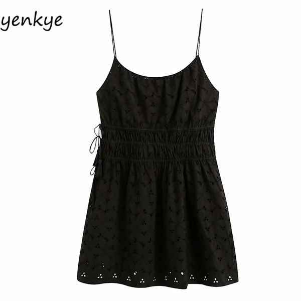 

vintage black openwork embroidery dress women backless sleeveless drawstring elastic waist a-line sling summer robe 210514, Black;gray
