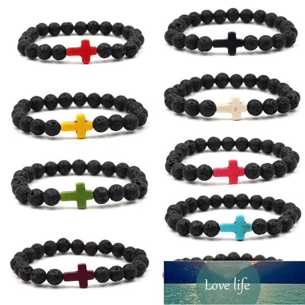 Trendy Jesus Cruz Cherme Azul Turquesa Homens Pulseira Preto Lava Pedra 8mm Beads Braceletes Pulseiras Para As Mulheres Yoga Jóias Preço de Fábrica Especialista Qualidade