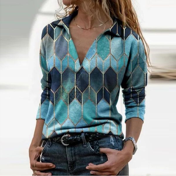 

2021 womens shirt fashion autumn retro loose deep v-neck blouse patchwork retro printing long-sleeved shirt ladies blouse, White