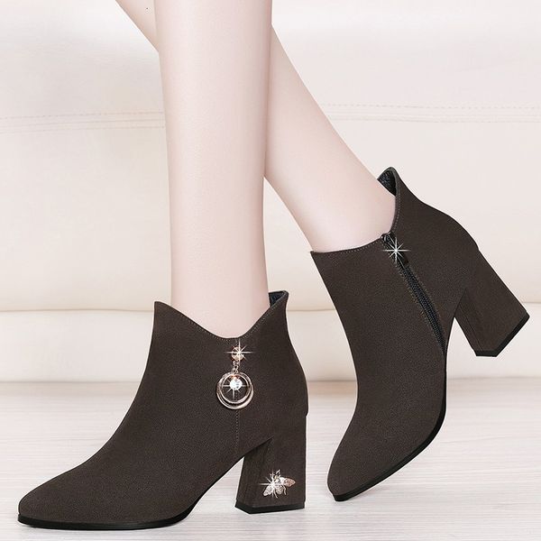 

{category} autumn new kid suede leather women ankle boots square high heels martin fashion design casual female shoes m0204 rrka, Black