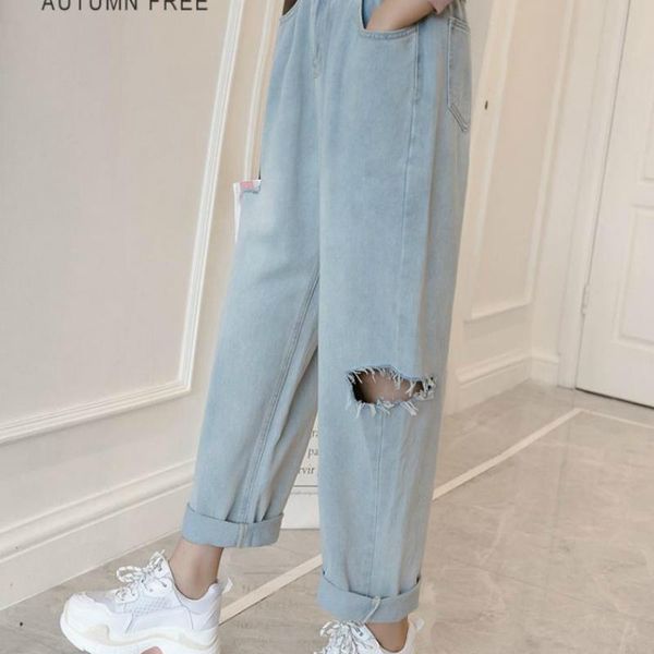 

women's jeans women holes straight loose 2xl high-waist casual korean-style womens denim solid ankle-length students fashion spring chi, Blue