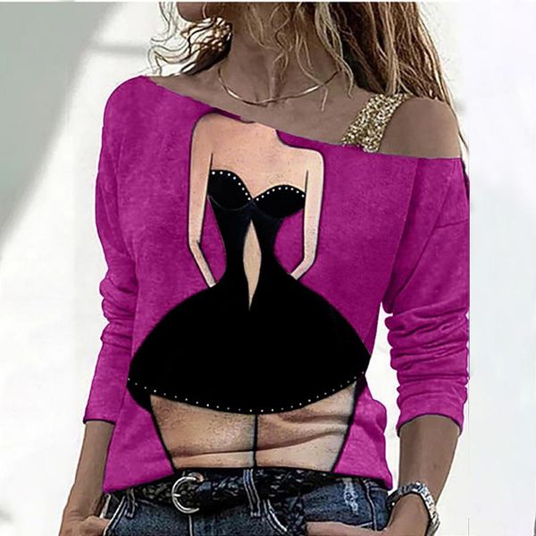 

women's t-shirt 2021 women fall fashion falling shoulder sequins turtleneck long sleeve heart-shaped printing casual loose top, White