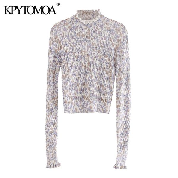

women fashion printed knitted sweater vintage high collar long sleeve female pullovers chic 210420, White;black