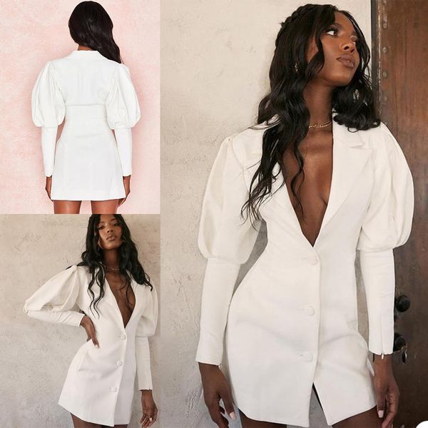 Beyaz Flared Kollu Blazer Elbise Takımı V Yaka Gelin Düğün Kıyafetleri Eğlence Mini Kısa Akşam Parti Sadece Tek Parça Giyin