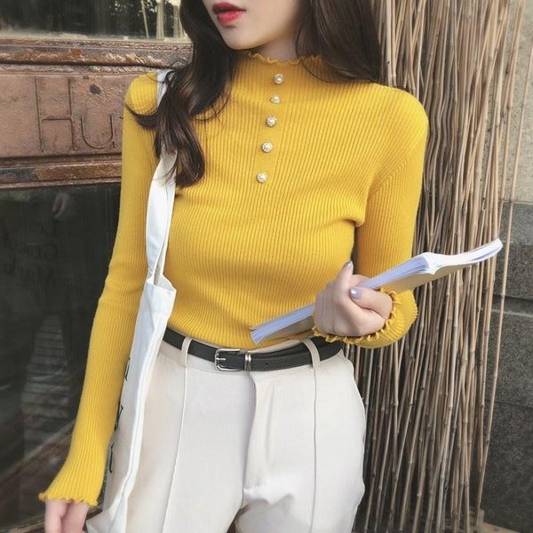 

women's sweaters 2021 women winter korean high elastic solid beading knitted pullover half turtleneck ruched slim all-match sweater s10, White;black