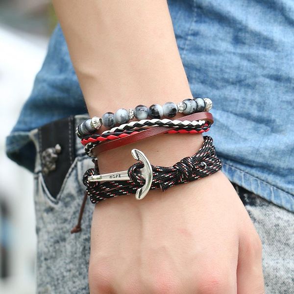 

tennis 3pc/set hand-weave rope glass bead genuine leather bracelet vintage anchor charm bracelets men women punk jewelry accessories, Golden;silver