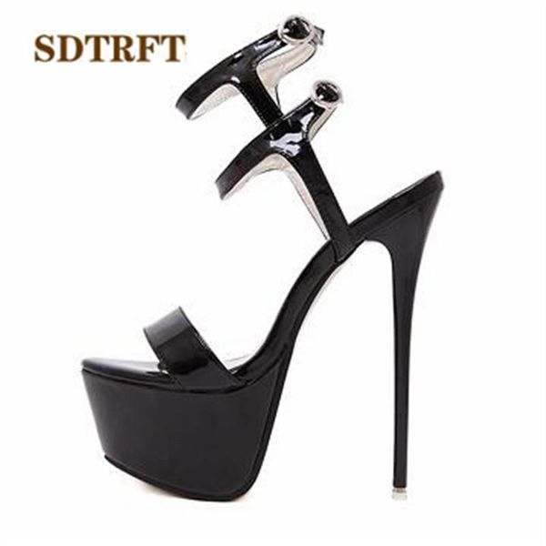 

plus:34-40 summer 2021 double buckle sandals 16cm ultra high thin heels open toe women's banquet shoes party pumps, Black