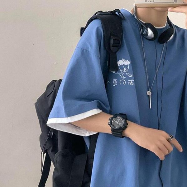 

cotton% fake two-piece t-shirt men's cartoon printing short sleeve summer korean fashion loose boy handsome clothes t-shirts, White;black