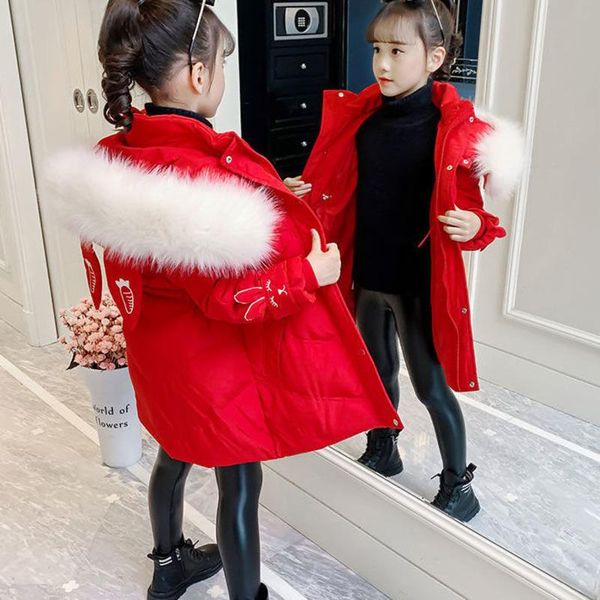 

down coat winter jacket for girls children's clothing lovely ears hat warm long artifical fur 4-10 years kids parkas, Blue;gray