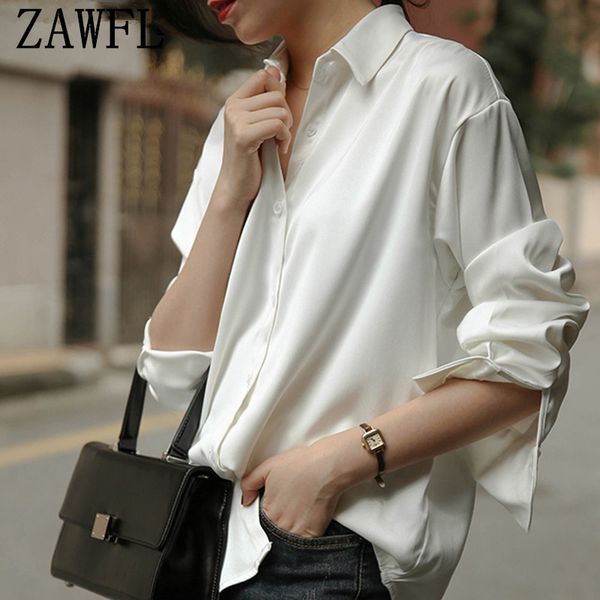 

zawfl elegant long sleeve satin shirts women turn-down collar loose female blouses blusas autumn 210525, White
