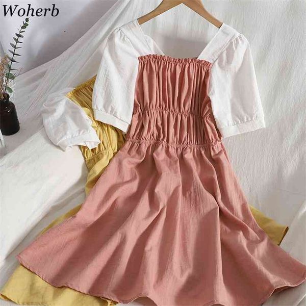 

pleated slim waist dress women contrast color patchwork short sleeve vestidos korean robe square neck sweet midi dresses 210519, Black;gray