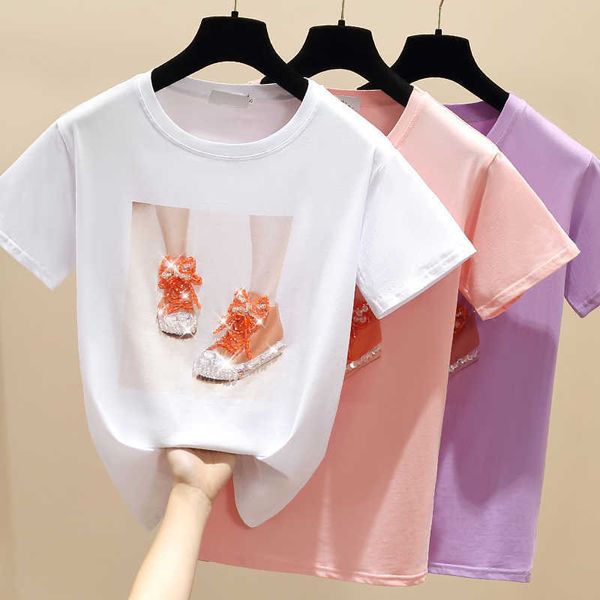 Gkfnmt Beading Shoes Imprimir rosa camiseta Verão Verão Manga Curta Mulheres Top Top Tshirt Algodão Estilo Coreano T-shirt Roupas X0628