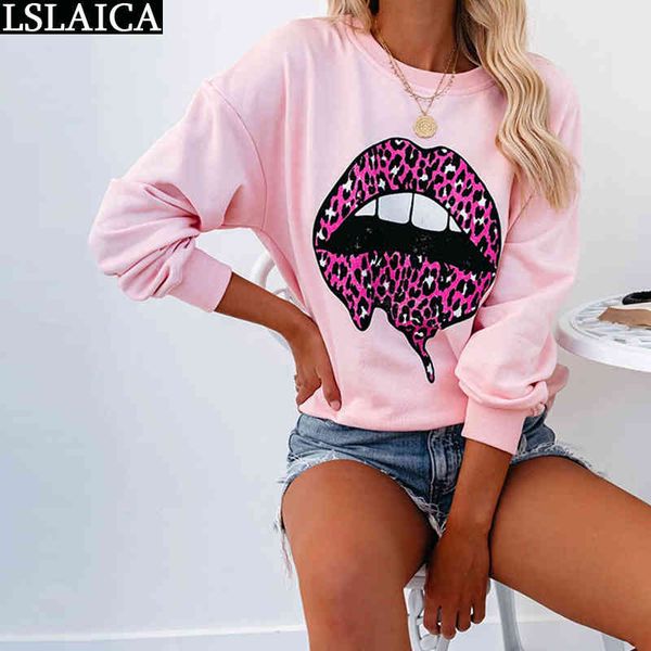 Kadın Moda Kazak Pembe Büyük Dudak Baskı Uzun Kollu O Boyun Sonbahar Jumper Kazak Tops Casual Streetwear Bluzlar Artı Boyutu 210520