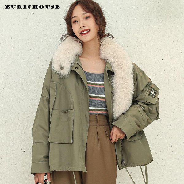 

women's fur & faux zurichouse women winter rex jacket femme natural raccoon collar down sleeve armygreen real coat female, Black