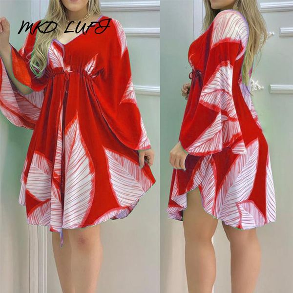 

cape sleeve leaves print ruched summer dress women x0521, Black;gray